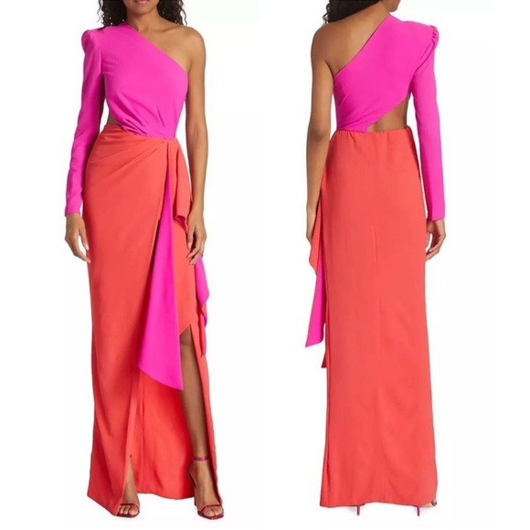 Michael Costello Evelyn One-Shoulder Colorblocked Draped Gown - Picture 2 of 10